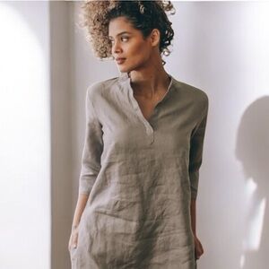 Dolma Lightweight Khaki linen tab long sleeve artsy essential pull-on tunic top